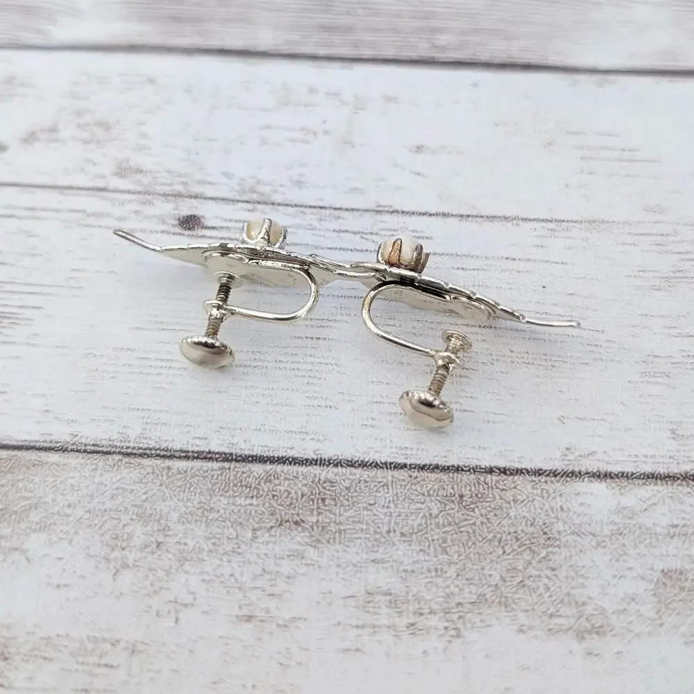 Vintage Screw Back Earrings Mismatched Leaves with Faux Pearls Condition Issues